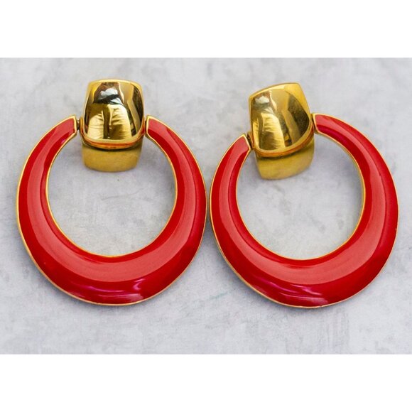 Vintage Blue Red Crescent Circle Ring Two Tone Hoop Earrings - C8 - Picture 2 of 3